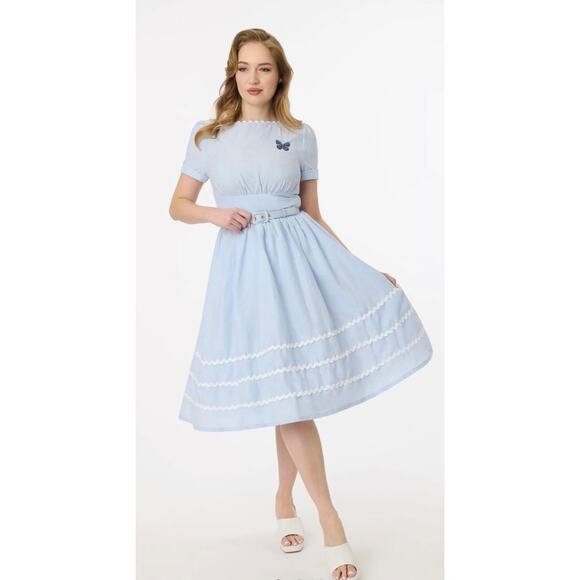 Unique Vintage Dresses & Skirts - Unique Vintage Light Blue Ric Rac Cotton Swing Dress M NWT